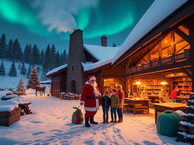 For a more dynamic perspective, the scene shows both the inside and outside of Santa’s workshop as one continuous space.

Perspective: The camera angle is slightly elevated and tilted, showing both the snowy outdoor area and the bustling interior. The workshop is a warm, glowing space filled with elves working at long tables, conveyor belts moving toys, and shelves overflowing with gifts. A chimney releases a puff of smoke, adding charm.
Outside Details: The snowy ground is dotted with piles of presents, snow-covered tools, and reindeer tracks. In the distance, pine trees sparkle under the northern lights.
Placement for Characters: The family and Santa can stand slightly off-center, with room left in the composition for their actions to take focus. Santa could hold a checklist while the family interacts with a toy or sack of presents.