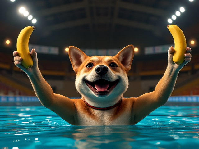 An anthropomorphic dog in an Olympic pool triumphantly holding up a banana in each hand.