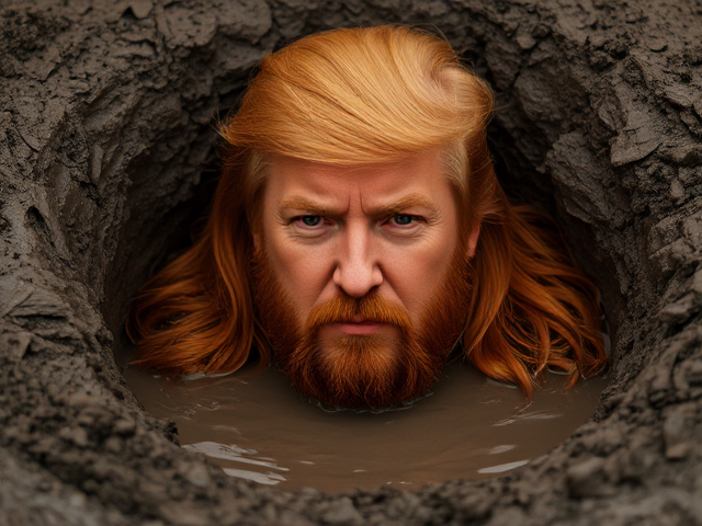 Saddam Hussein and Donald Trump hybrid but with long really red hair, hiding in a hand-crafted mud hole, realistic, high detail, somber atmosphere