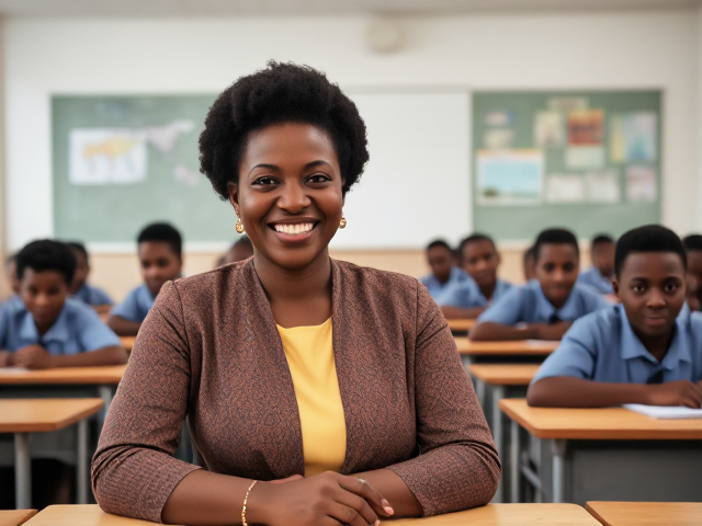 Un institutrice africaine debout  dans une salle de classe moderne et lumineuse  avec des élèves noirs âgés de huit ans  assis à leurs bureaux, souriant et attentifs