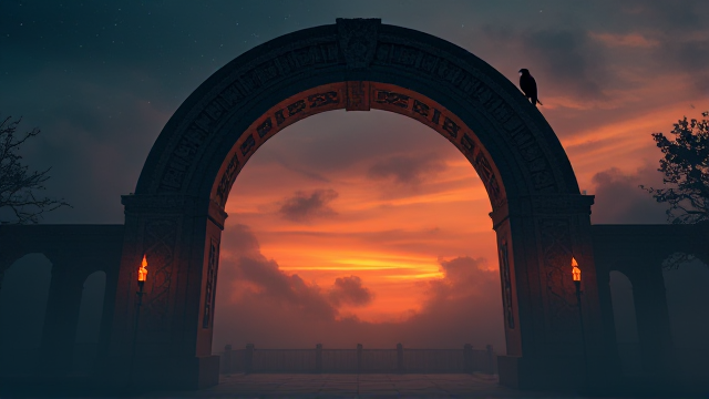 Créer une bannière, avec une grande arche en dégradé ornée de motifs complexes et anciens, atmosphère brumeuse et mystique, de nuit avec un ciel étoilé, des torches enflammées illuminent les alentours avec une lumière dansante, un corbeau perché sur l'arche regardant fixement vers l'horizon, des ombres mouvantes au sol ajoutent au mystère