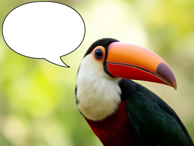 A tucan that is green and red speaks with speech bubble next to it