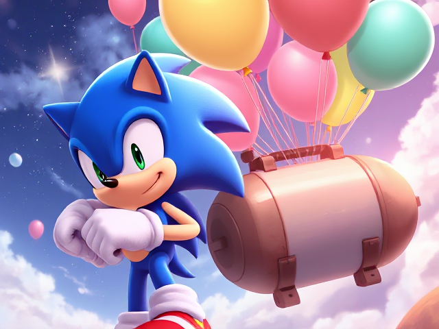 Sonic the Hedgehog with a helium tank and balloons