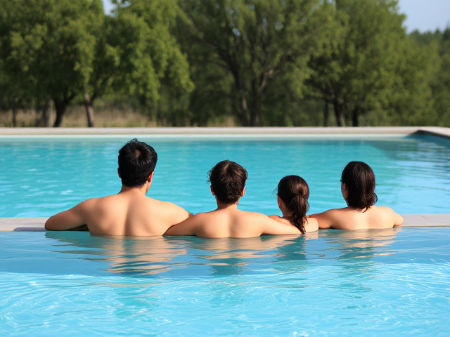 Crea una familia mirando bañándose en una piscina. disfrutando, en una finca. Y detrás debes hacer arboles. Debe haber mucha naturaleza, y deben estar disfrutando en la piscina por lo menos debe haber 10 personas