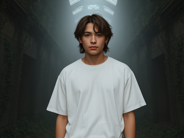 Sceencap of a Maori, European, 18 year old male, with greyish blue eyes, shaggy wavy hair, with wavy brown shaggy bangs, silver eyebrow piercing, and cross piercing on left ear, wearing a white baggy t-shirt, blue baggy jeans, and brown leather boots.