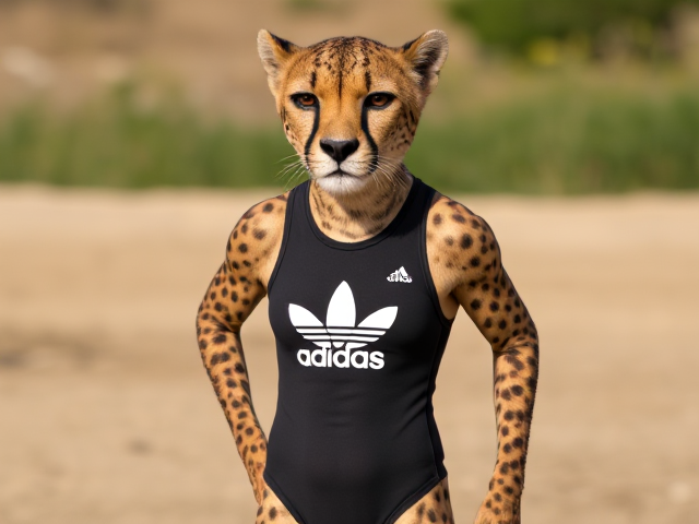 A anthropomorphic cheetah wearing an adidas one piece swimsuit