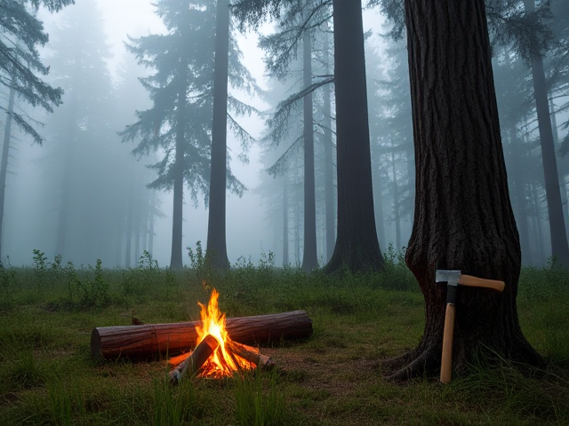 Create a realistic forest background with large trees and a soft, misty atmosphere. The focal point should be a small campfire at the center of the image, with a log nearby for sitting. Next to the log, place a tree stump with an axe embedded in it. Grass should surround the campfire, but keep the scene simple with no extra objects like additional logs. The trees in the background should be tall and partially covered by fog, giving a calm, peaceful wilderness feel. The lighting should emphasize the campfire glow and the misty environment."