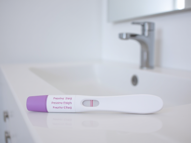 Positive pregnancy test in English laying flat on a white bathroom counter, with a silver sink, and a mirror