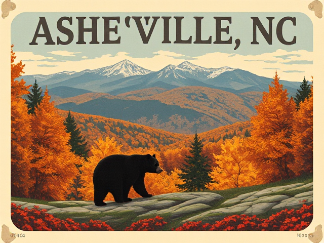 Vintage Poster for Asheville NC featuring the mountains, autumn leaves and black bears