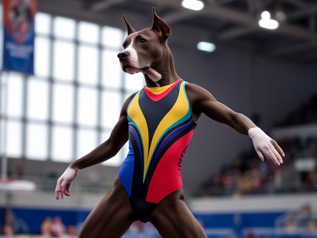 Anthropomorphic Great Dane wearing a colorful gymnastics leotard, showcasing flexibility and elegance in a dynamic pose, with a vivid background of a gymnastics arena