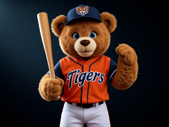 A human teddy bear 5 feet 8 Inches tall muscular body very curly light brown fur blue eyes wearing a tigers uniform navy hat with a tiger logo orange v neck jersey with tigers written across the front in navy and white white baseball pants with navy and orange piping down the sides navy socks white cleats posing holding a tan baseball bat with