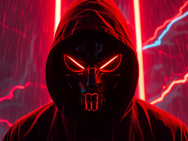 A hooded  wearing an Okame Mask close to their face. Neon lighting in shades of red and turquoise adds a vivid, cyberpunk aesthetic to the scene. The background features dynamic, abstract patterns and splashes of glowing, energetic lines, enhancing the fierce and mysterious atmosphere. Rain effects add to the dramatic tone, with raindrops cutting through the vibrant lighting.