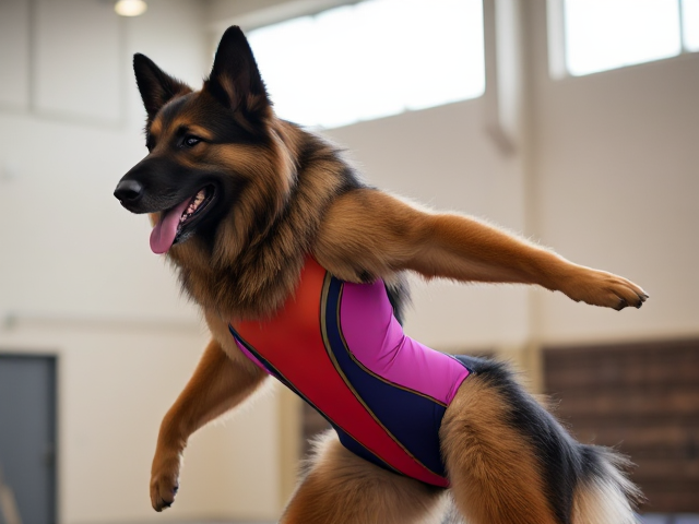 Anthropomorphic Long-Haired German Shepherd wearing a vibrant gymnastics leotard, posing dynamically in a gym setting, detailed fur texture and realistic lighting
