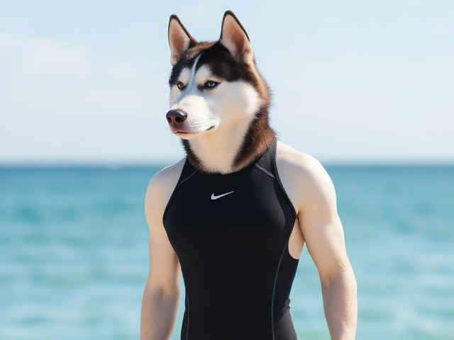 A Siberian Husky with a long torso and broad shoulders wearing a high cut Nike one piece swimsuit
