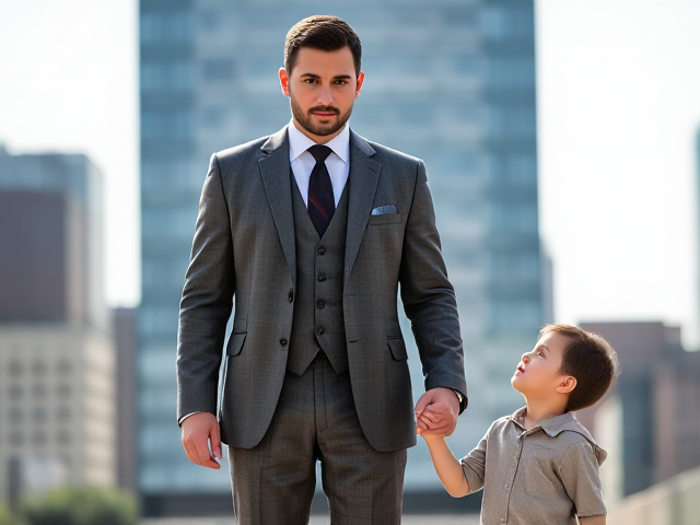 "Place a determined man in the center, wearing a slightly worn suit, with strong, focused eyes. He stands tall, holding the hand of a young child who looks up at him with admiration. The child is about four years old, dressed in simple clothes, symbolizing innocence and trust. Position them so the man’s stance shows resilience and protectiveness. The contrast of the worn suit against the bright cityscape in the background should highlight his journey from hardship to success. The style is impactful and inspiring, emphasizing strength, care, and transformation."