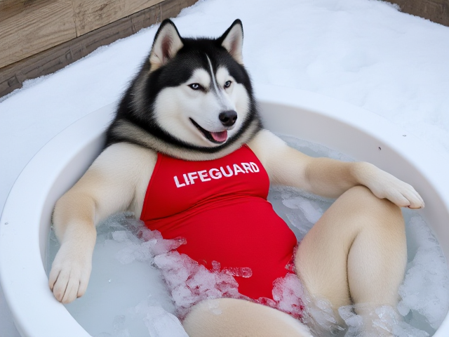 A anthropomorphic alaskan malamute wearing a red lifeguard one piece swimsuit sitting in a ice bath relaxing her sore muscles