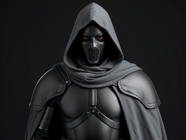 man wearing a suit of  minimalist armor with a grey cloak and a mask that hides all features