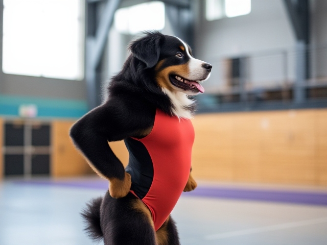 Bernese mountain dog with strong hips, wearing a gymnastics leotard, inside a gymnasium, dynamic pose, vibrant lighting, detailed fur