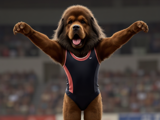 A anthropomorphic newfoundland dog Olympic gymnast wearing a leotard