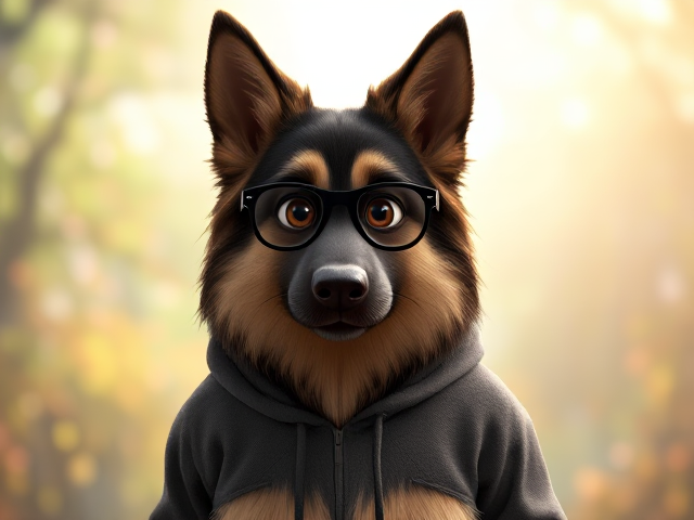 A anthropomorphic long-haired German shepherd wearing a hoodie, glasses, and leggings