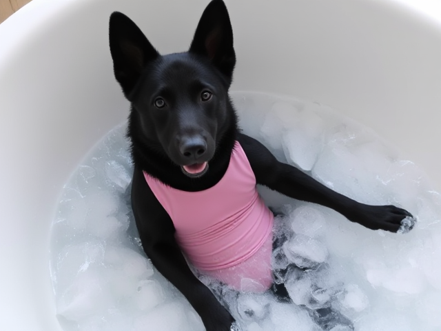 A anthropomorphic black German shepherd wearing a gymnastics leotard in a bathtub full of ice