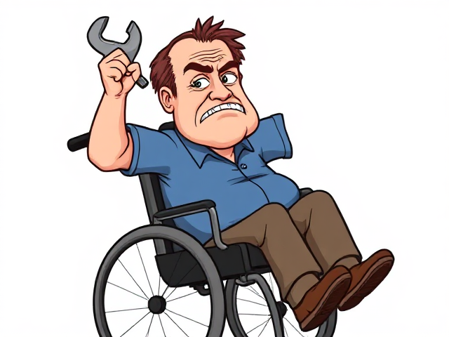 Draw a cartoon of an grumpy old man in a wheelchair throwing a spanner. He has brown hair and a blue shirt.
