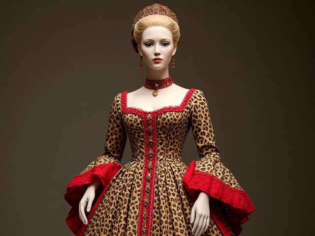 Mannequin with a cheetah print royal mid 1700s style gown with red accents, full body