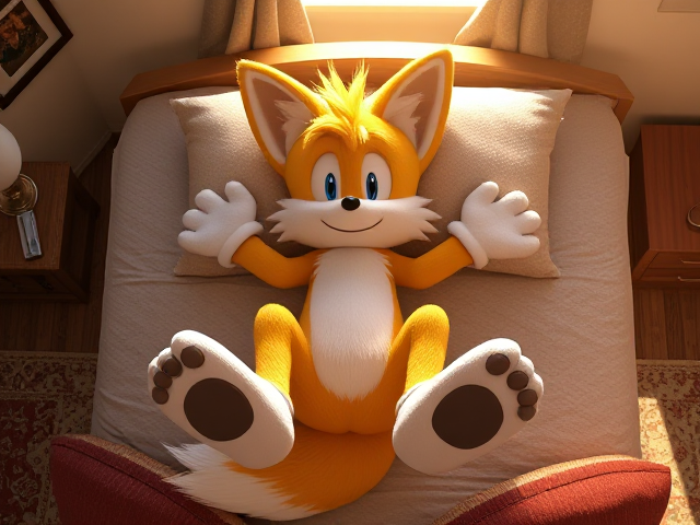 A highly detailed and realistic top down shot Miles Tails Prower, the two-tailed anthropomorphic fox from the Sonic the Hedgehog video game series, laying on his back on a bed in a well-decorated and lifelike bedroom with intricate textures in a very adorable pose with his paws up in the air and the digital pads of his feet showing, soft lighting that highlights the fur details, surrounded by cozy elements like pillows and blankets, with rich color palettes, visible wood grain furniture, and subtle background decorations such as framed pictures and ambient light sources, Tails is not wearing shoes or gloves