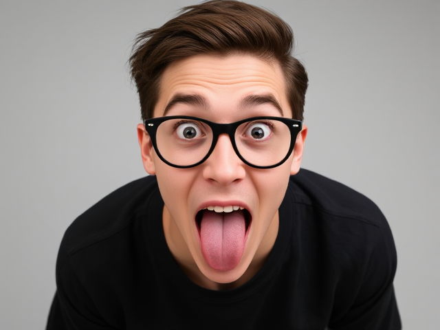 design a young man with a wide-eyed, exaggerated expression—his tongue sticking out in a funny, playful manner. Use slicked-back messy hair and dress him in a simple black t-shirt.leaning forward slightly. Add a pair of thick glasses for a geeky look.