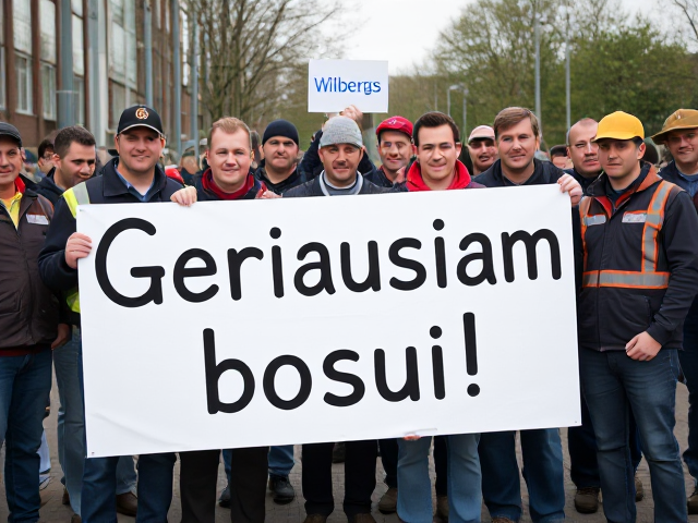 image in which group of workers are holdings big sign in which is writen this text: Geriausiam bosui! Few worker in back are holding smaller sign with blue text: Wilbergs.  do not change sign text
