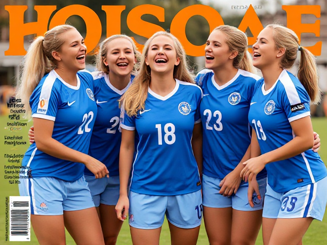 Beautiful blonde women’s soccer team in blue uniforms howling in laughter on a magazine cover