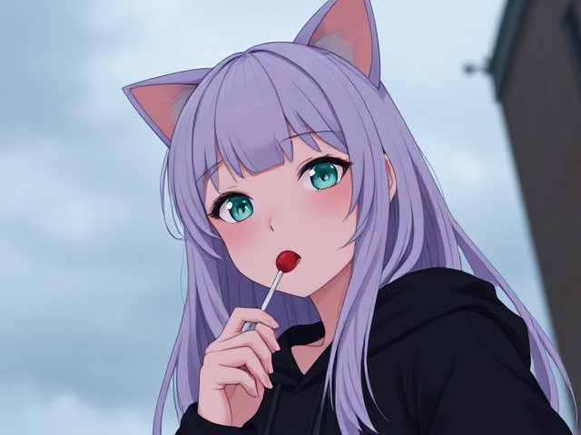 Pale petite girl, teal eyes, long lilac hair, wearing a black hoodie with cat ears, eating a lollipop