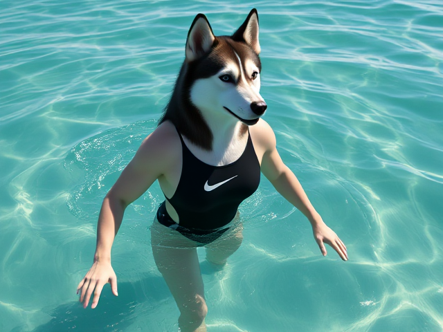 A tall anthropomorphic Siberian husky with a long torso and broad shoulders, wearing a high cut Nike one piece swimsuit while swimming in the ocean