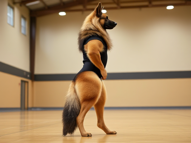 A anthropomorphic long haired German shepherd with large hips stands tall wearing a gymnastics leotard in a gymnasium