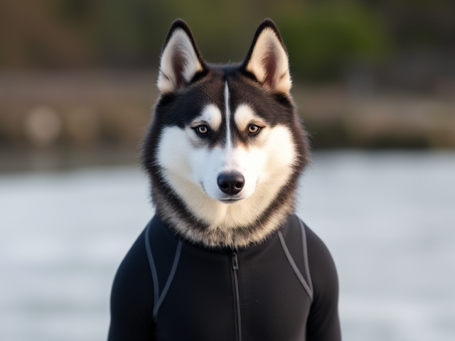 A anthropomorphic Siberian husky wearing a neoprene swimsuit
