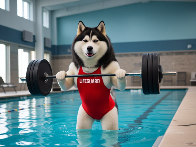 A anthropomorphic alaskan malamute wearing a red lifeguard one piece swimsuit lifting a barbell in a indoor pool