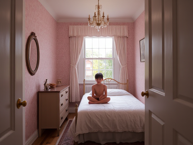a tiny cramped closet room. a victorian cottage a feminine little girly bedroom in a cottage with a single bed and a small dresser. pale pink wallpaper. A small chandelier hung from the ceiling. a view of the garden. low ceiling. a skinny tween boy sitting on the bed.