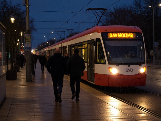 Il pleut et fait quasiment nuit, je marche à coté d'un tram à l'extérieur, il y a des gens devant moi et le tram et éclairé