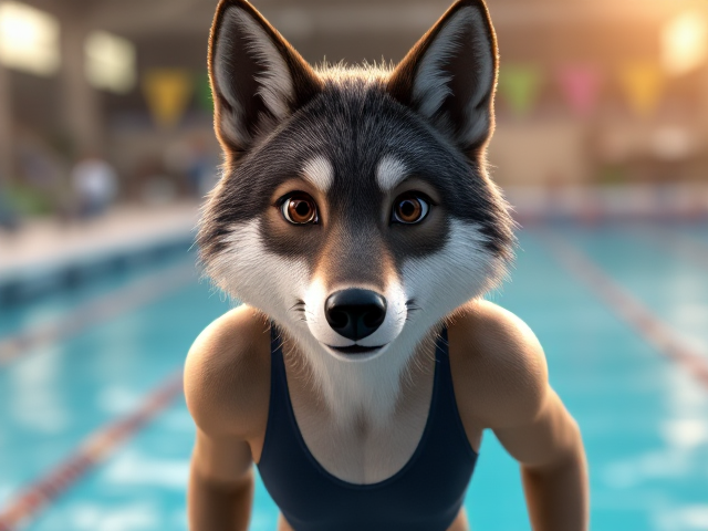 A anthropomorphic wolf Olympic swimmer wearing a one piece swimsuit