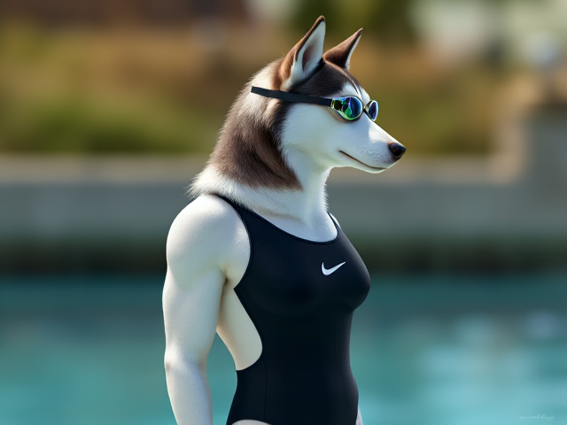 A tall anthropomorphic Siberian husky with a long torso and broad shoulders wearing a high cut Nike one piece swimsuit and swimming goggles