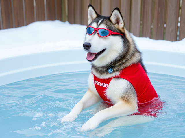 A anthropomorphic alaskan malamute wearing a red lifeguard one piece swimsuit and swimming goggles sitting in a ice bath