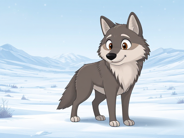 cartoon wolf with detailed fur and expressive eyes, standing in a vast snowy tundra landscape with gentle snowfall and distant mountains