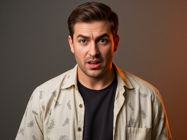 create a man who should have a very disgusted or confused expression—slightly raised eyebrows and an awkward open mouth expressions—as he looks directly at the viewer. Style him in a light-colored casual shirt with patterns layered over a dark t-shirt. Add a bright orange glow on the right side of his figure to highlight him as the main subject. Position him slightly larger till the waist complete