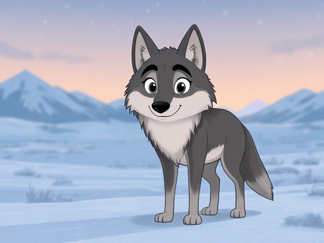 cartoon wolf with detailed fur and expressive eyes, standing in a vast snowy tundra landscape with gentle snowfall and distant mountains