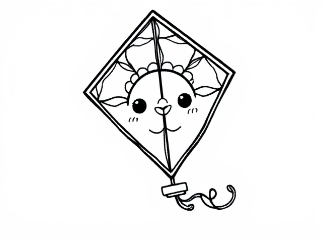 Create a simple black-and-white coloring page featuring a cute little kite designed in a sketch style. ensure  kite in full-body outline in a mandala style, use only outline ensuring it appears playful and approachable for young children aged 2 to 4. Design simple kite with basic, friendly features, emphasizing a round body Include a friendly expression to enhance its inviting character.