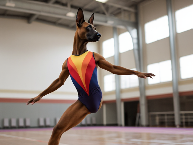 Anthropomorphic Belgian Malinois wearing a colorful gymnastics leotard, performing in a well-lit gymnasium, dynamic pose, detailed fur and fabric textures