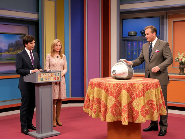 A game show studio with a host and two contestants. the contestants are standing at a small lectern and the host is to their right showing off the item on a table is a high table covered with a vintage cloth with a vacuum cleaner sitting on top. the studio set is decorated with a retro 70's and 80's aesthetic, colorful retro.