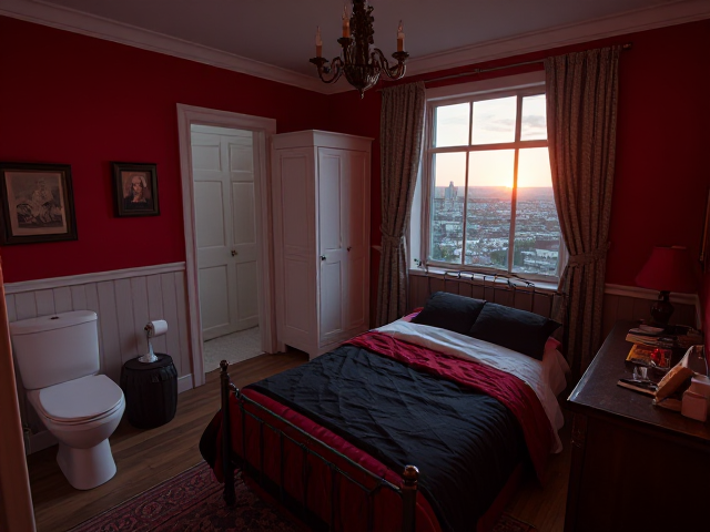 A top floor small bedroom in a big house with a bathroom with a toilet and tub near it red walls a casket bed with black and red covers