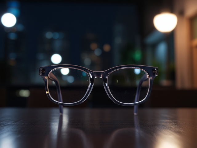 Square shaped, translucent thin framed glasses, sitting on a table, night time