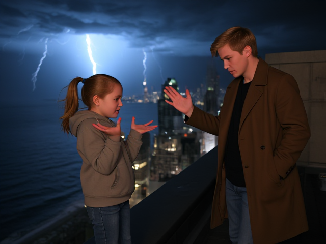 A petite 13-year-old girl with strawberry blonde hair in a ponytail, wearing a hooded pullover and jeans, is standing on the roof ledge of a night club. Next to her on the roof, standing nearby is a modern-day, pale skinned vampire in his late twenties, with blonde hair, dressed in a brown trench coat and jeans. He appears uneasy as he looks at her, holding his hands out and palms up, taking a step back. The girl gestures angrily at him with her hands, flailing her arms and scowling angrily at him in frustration. A thunderstorm approaches the cityscape from the sea shore. Set at night. The girl has a cut in her forehead.